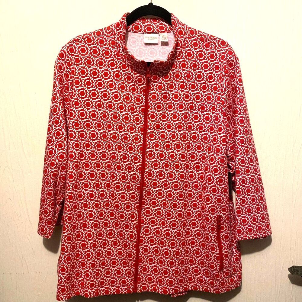 Weekends by Chico's Geometric Lattice Full Zip Jacket Red White Size 3 XL